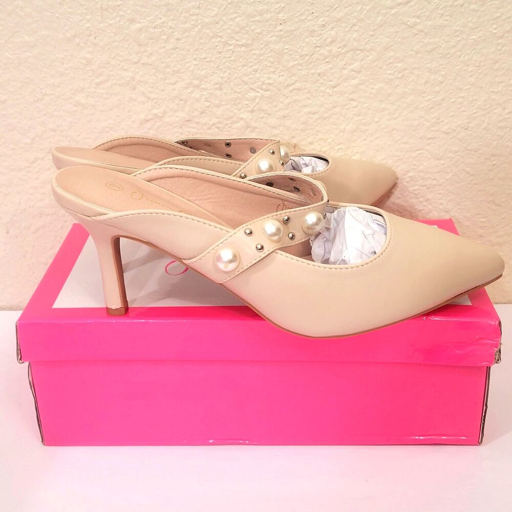 Nude Beige Mules Size 9 Pearl Banded Heels Womens Shoes Jessica Carlyle Adelia